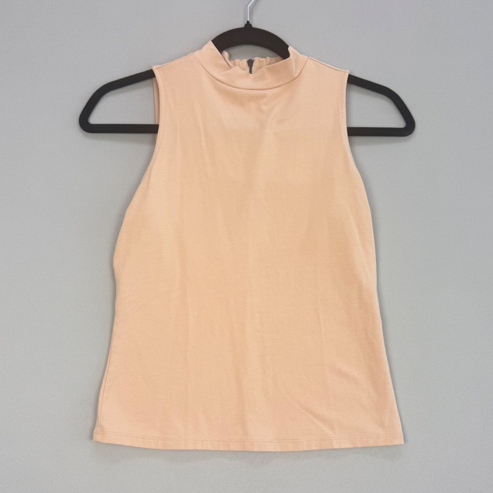 Guess Womens Mock Neck Sleeveless Top Beige Back Zip Stretch Office Size Small